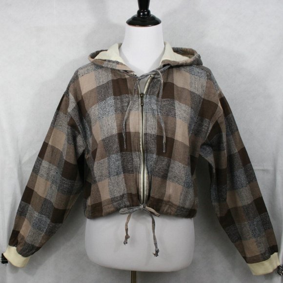 Vintage 60's Angelique IMP Multi-Brown Check Cotton Crop Jacket w/Hood SZ M GC - Picture 2 of 11